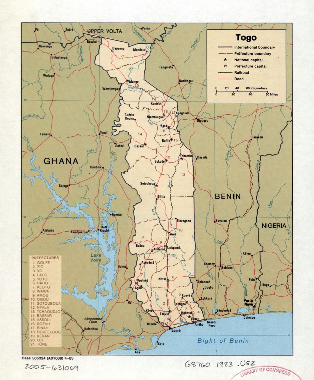 Large detailed political and administrative map of Togo with roads, railroads and major cities - 1983