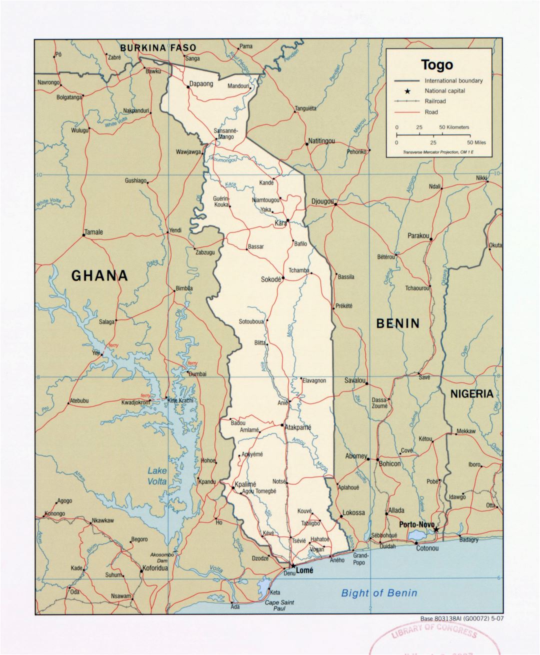 Large detailed political map of Togo with roads, railroads and major cities - 2007