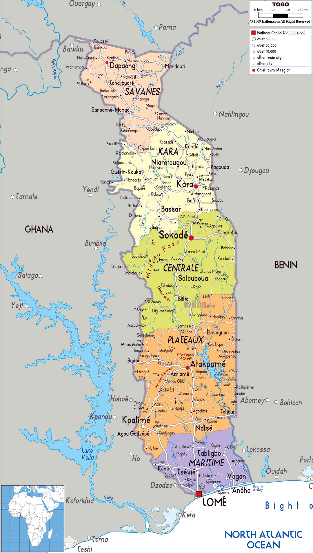 Large political and administrative map of Togo with roads, cities and airports