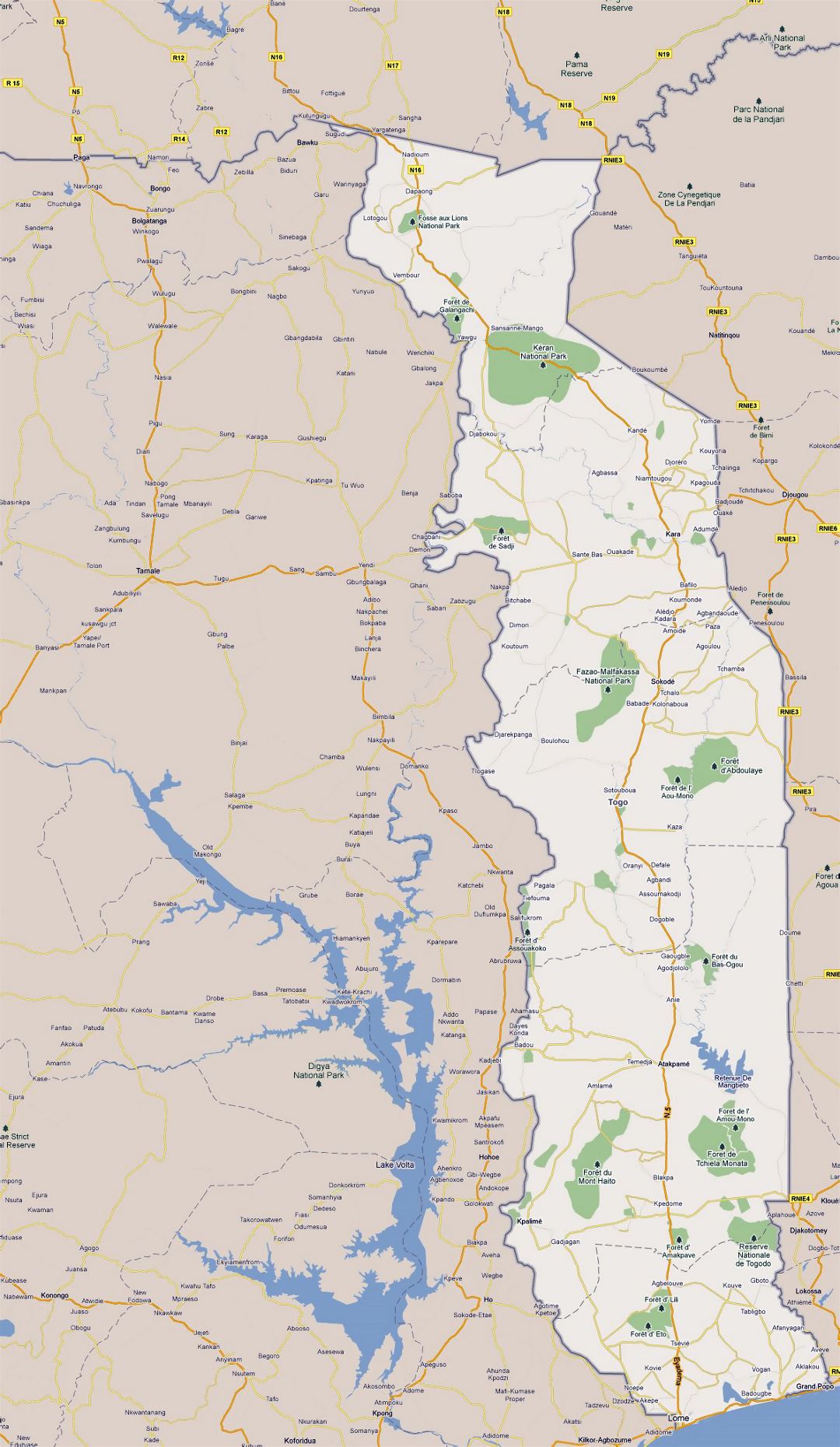 Large road map of Togo with cities and national parks