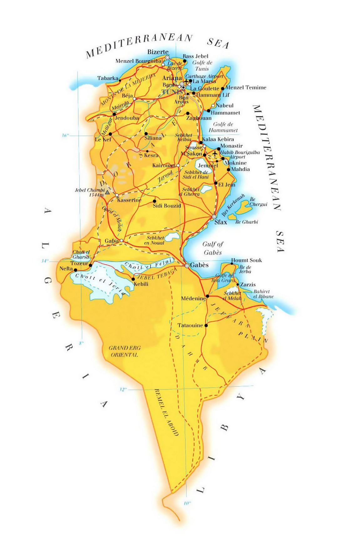 Detailed elevation map of Tunisia with roads, railroads, cities and airports