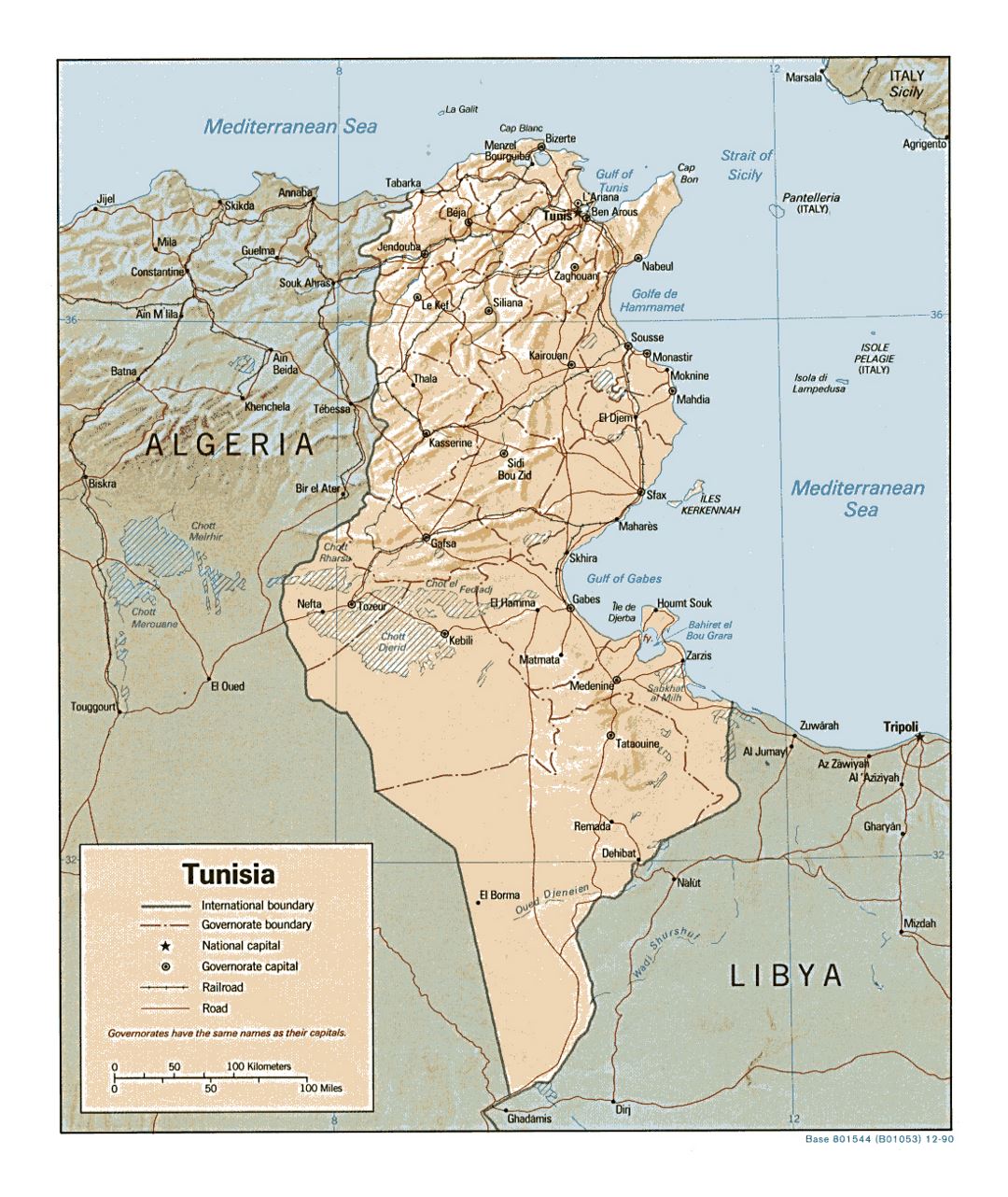 Detailed political and administrative map of Tunisia with relief, roads, railroads and major cities - 1990