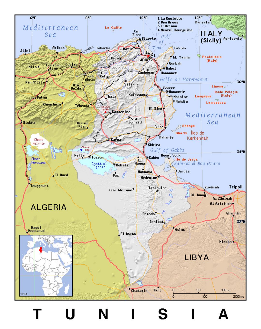 Detailed political map of Tunisia with relief | Tunisia | Africa