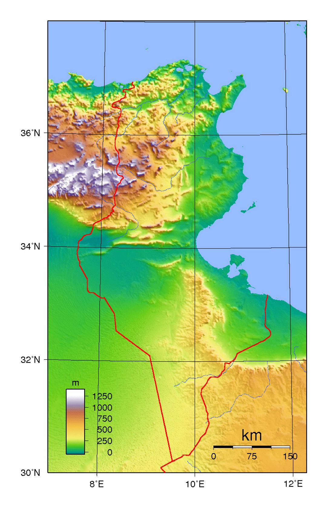 Detailed topographical map of Tunisia