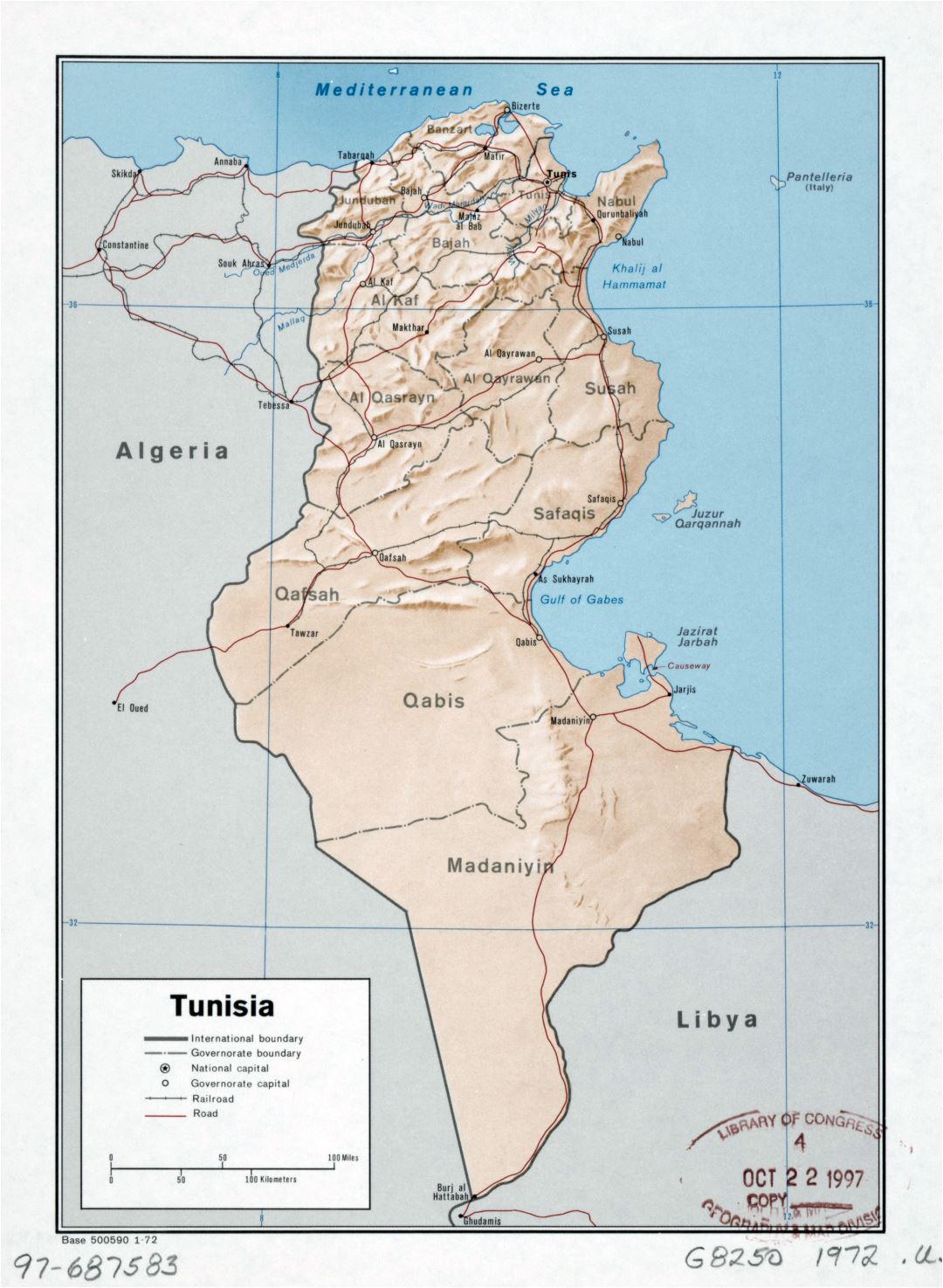 Large detailed political and administrative map of Tunisia with relief, roads, railroads and major cities - 1972