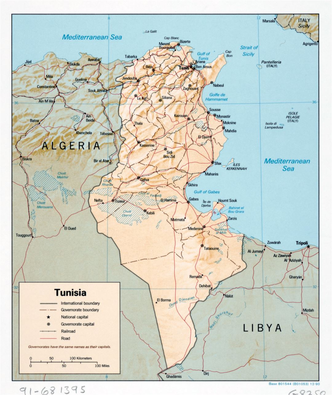 Large detailed political and administrative map of Tunisia with relief, roads, railroads and major cities - 1990
