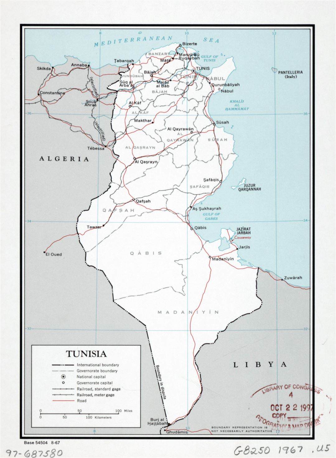 Large detailed political and administrative map of Tunisia with roads, railroads and major cities - 1967