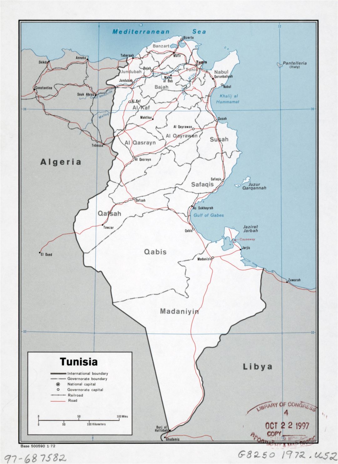 Large detailed political and administrative map of Tunisia with roads, railroads and major cities - 1972