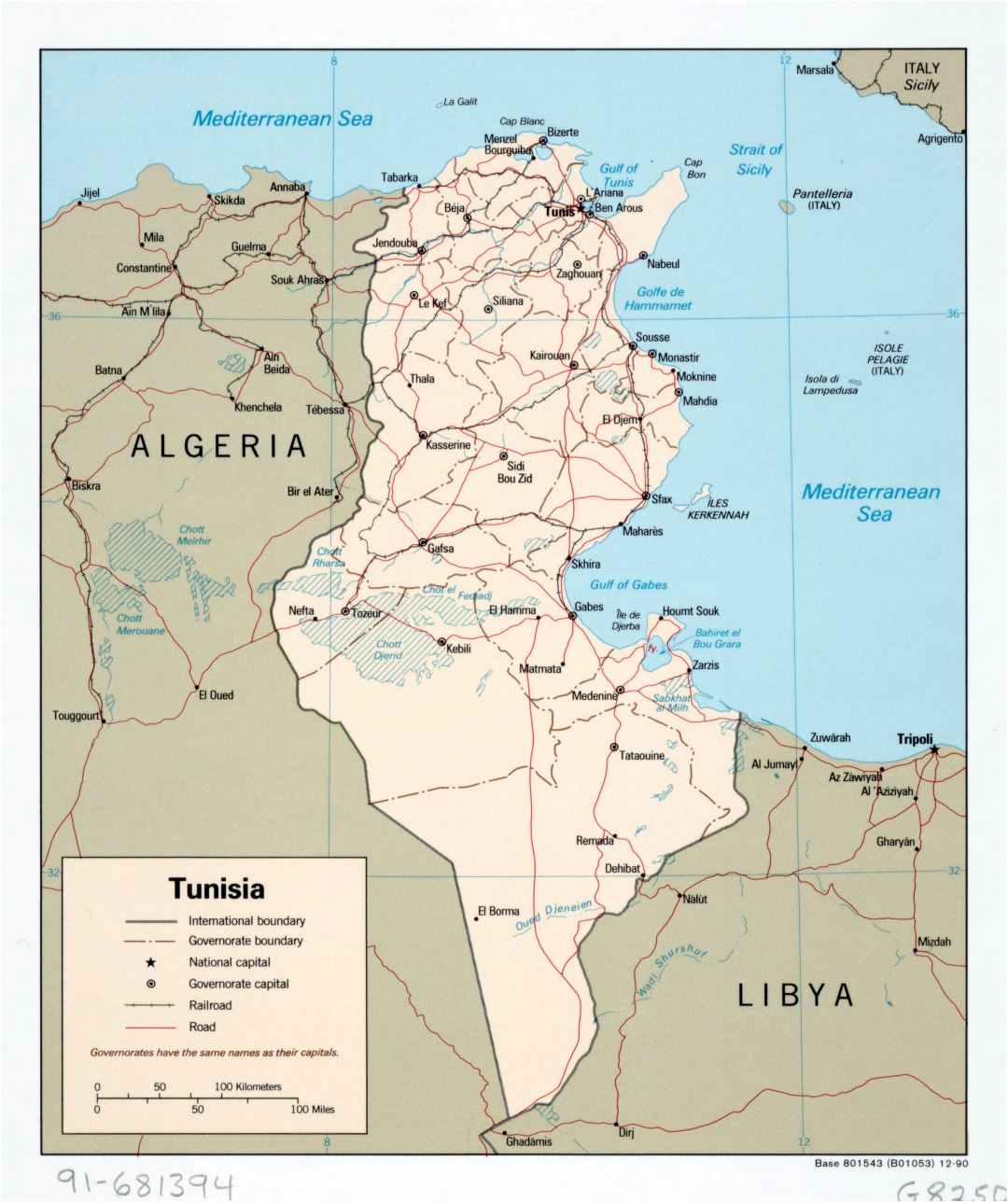 Large detailed political and administrative map of Tunisia with roads, railroads and major cities - 1990