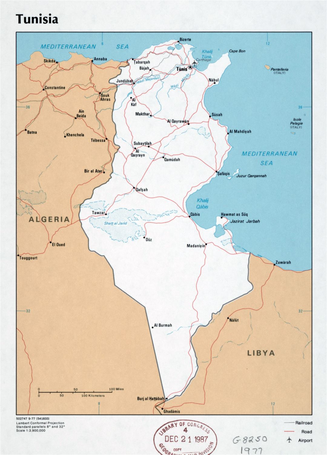 Large detailed political map of Tunisia with roads, railroads, major cities and airports - 1977