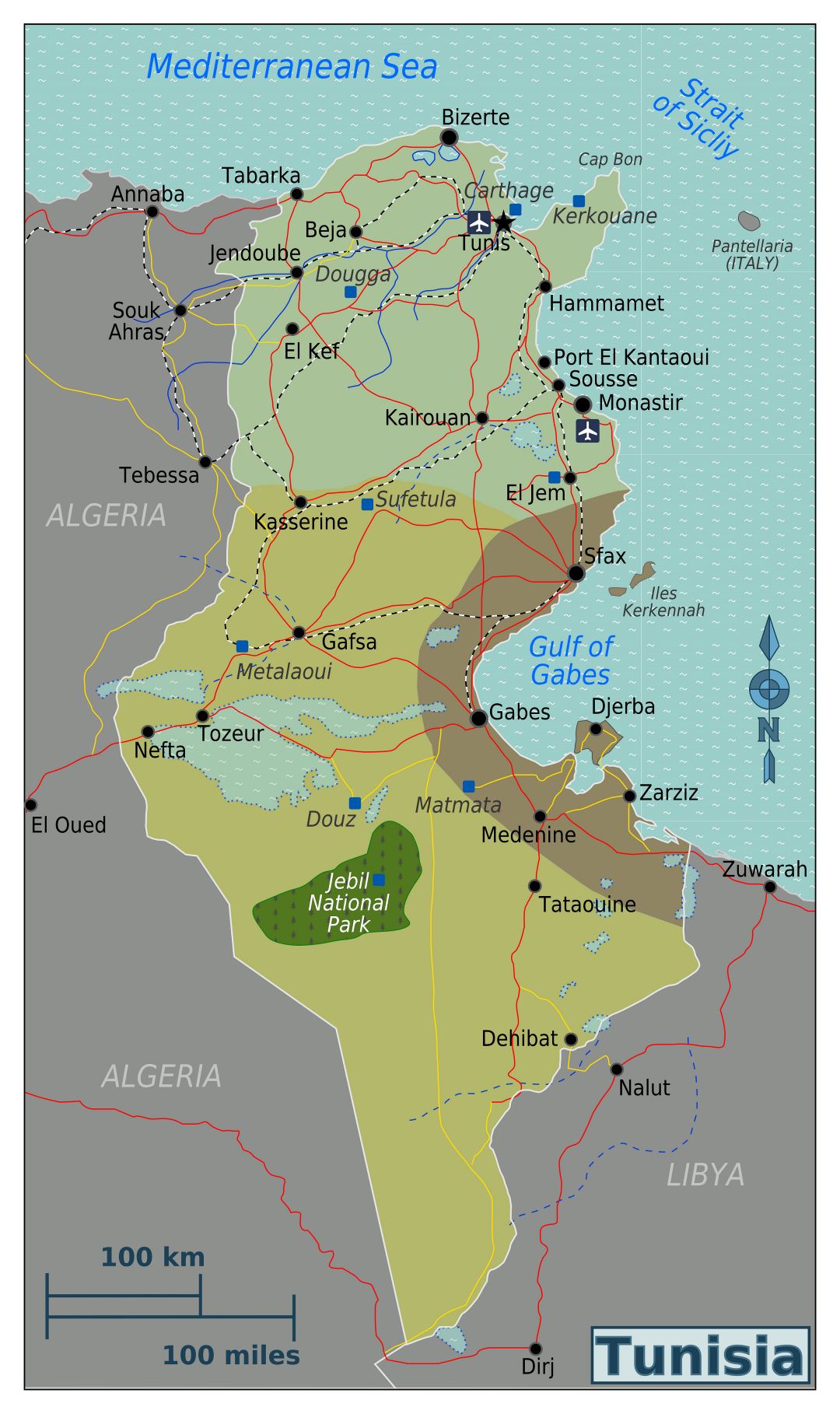 Large detailed regions map of Tunisia