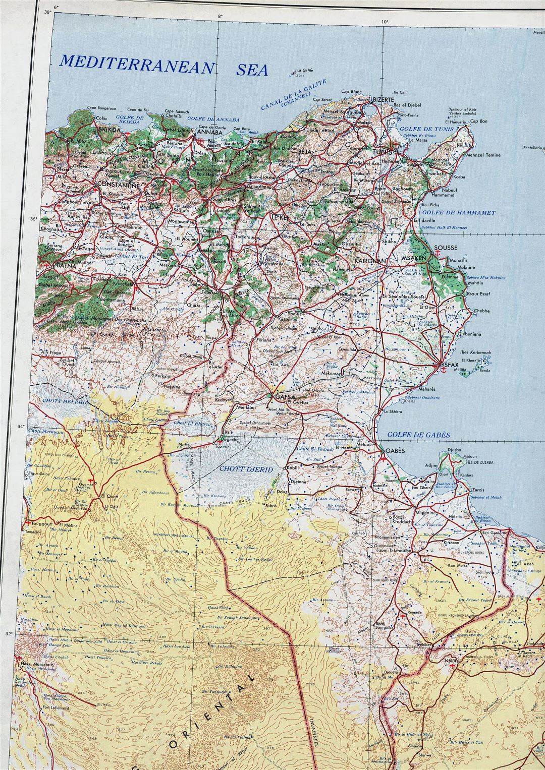 Large detailed topographical map of Tunisia - 1969