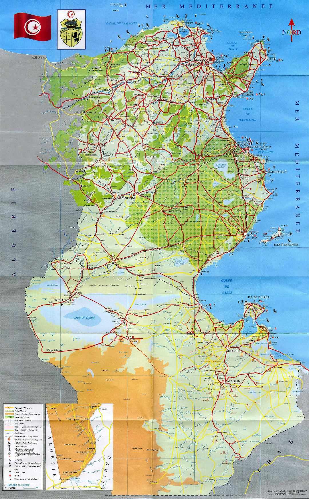 Large detailed tourist map of Tunisia with all roads, cities and other marks