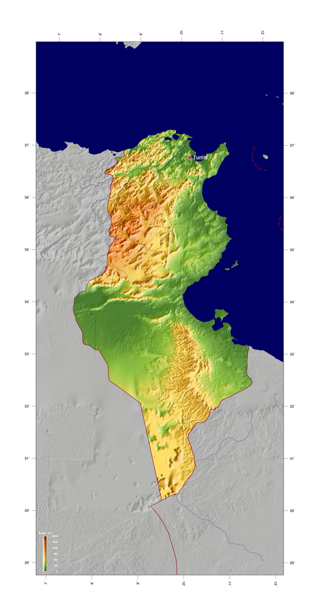 Large elevation map of Tunisia