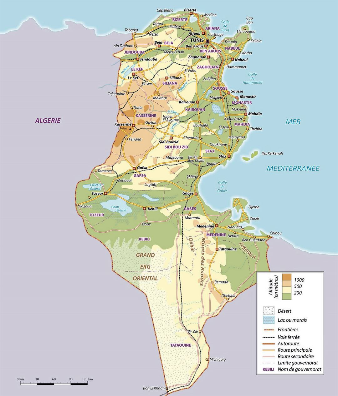 Large physical map of Tunisia