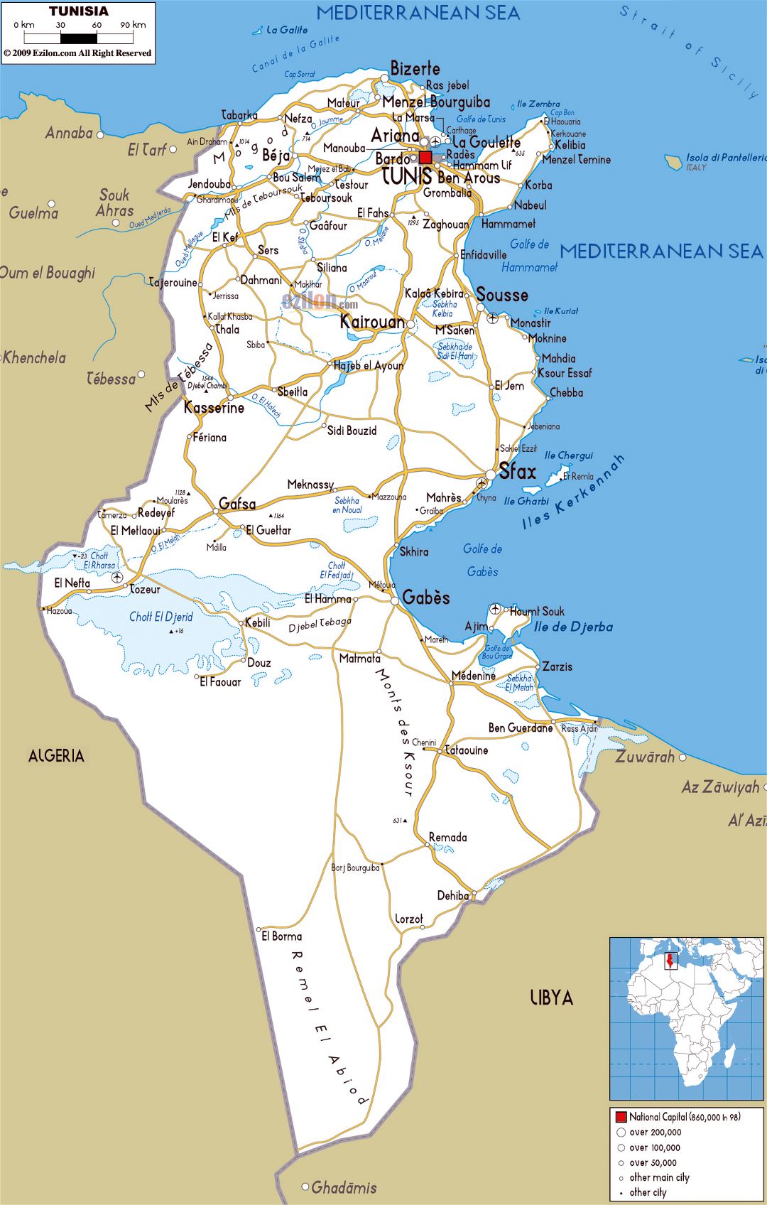 Large road map of Tunisia with cities and airports