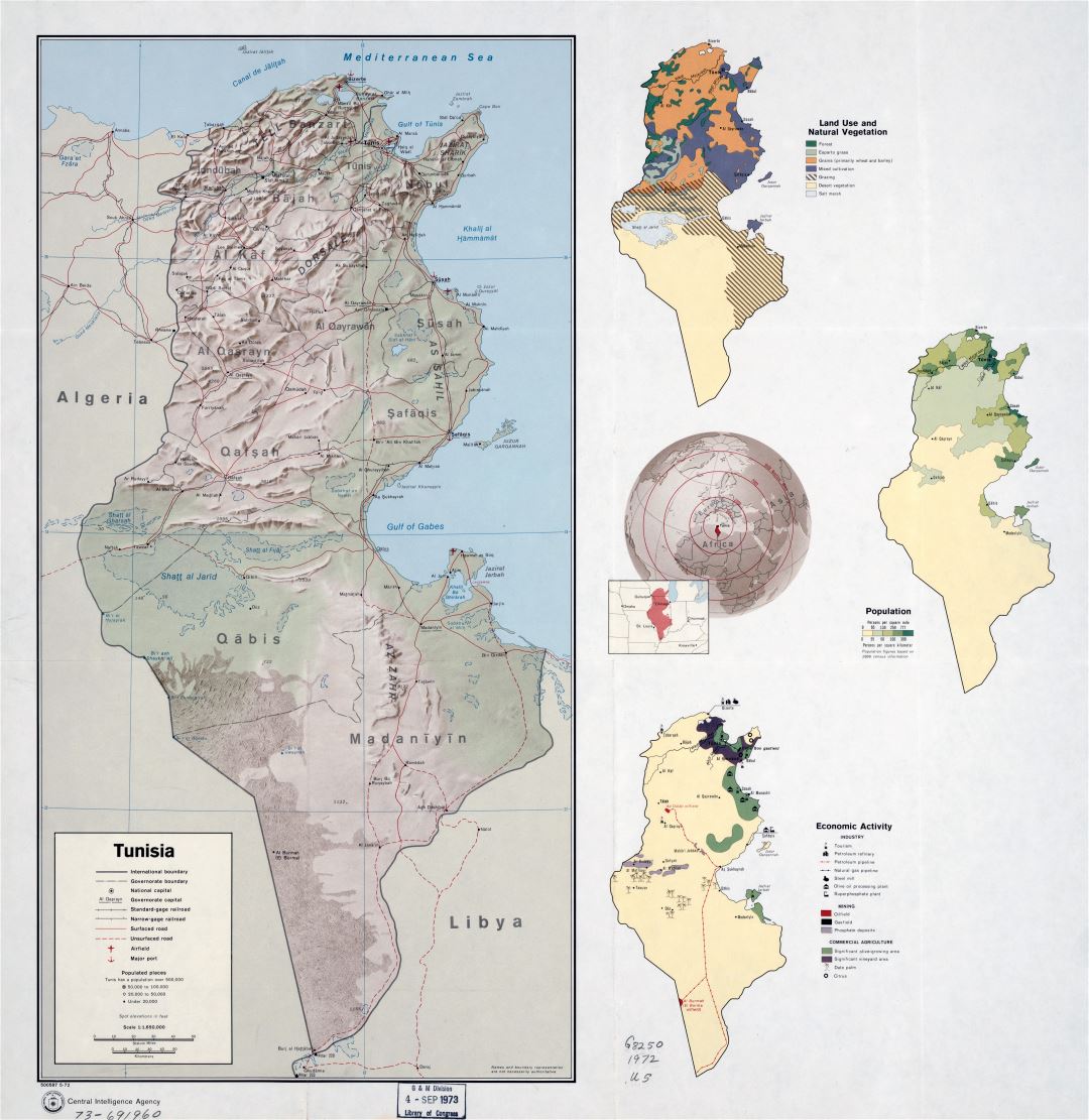 Large scale country profile map of Tunisia - 1972