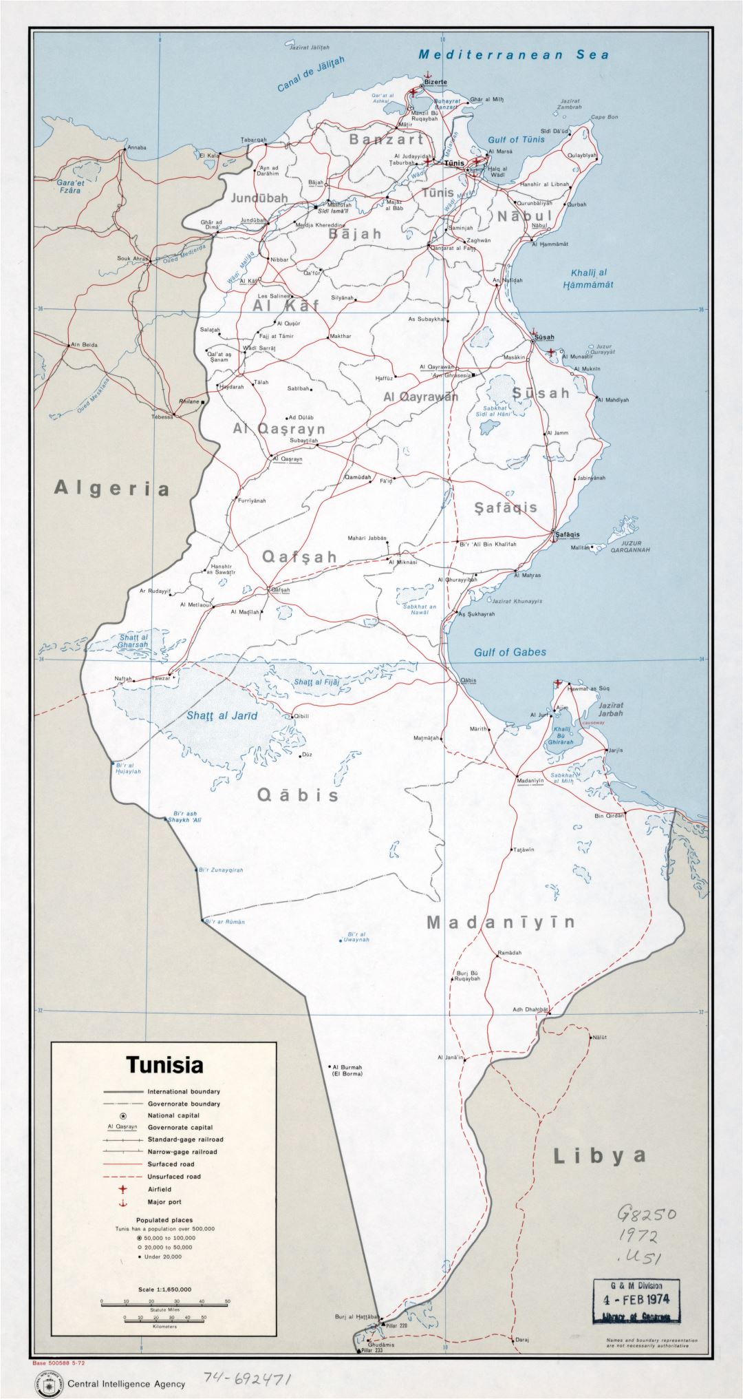 Large scale political and administrative map of Tunisia with roads, railroads, major cities, ports and airports - 1972