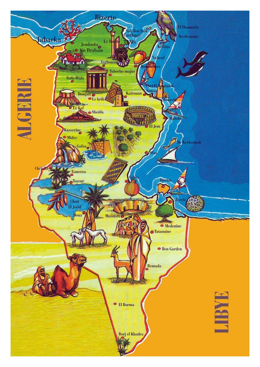 Large tourist illustrated map of Tunisia