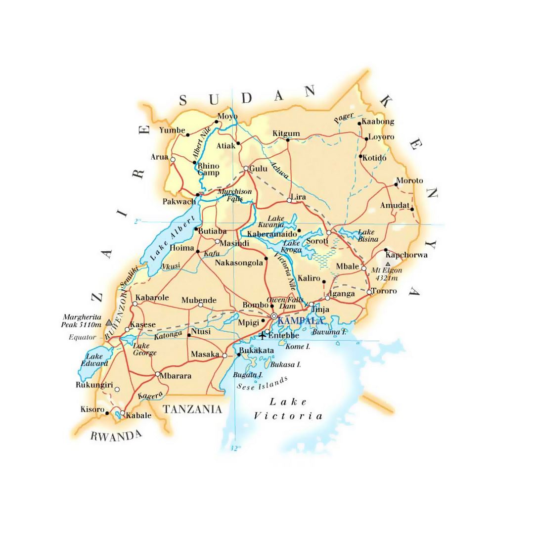 Detailed elevation map of Uganda with roads, railroads, cities and airports