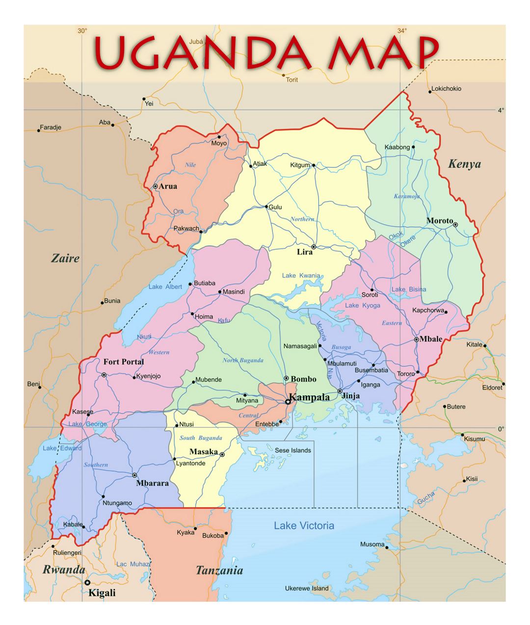 Detailed political and administrative map of Uganda