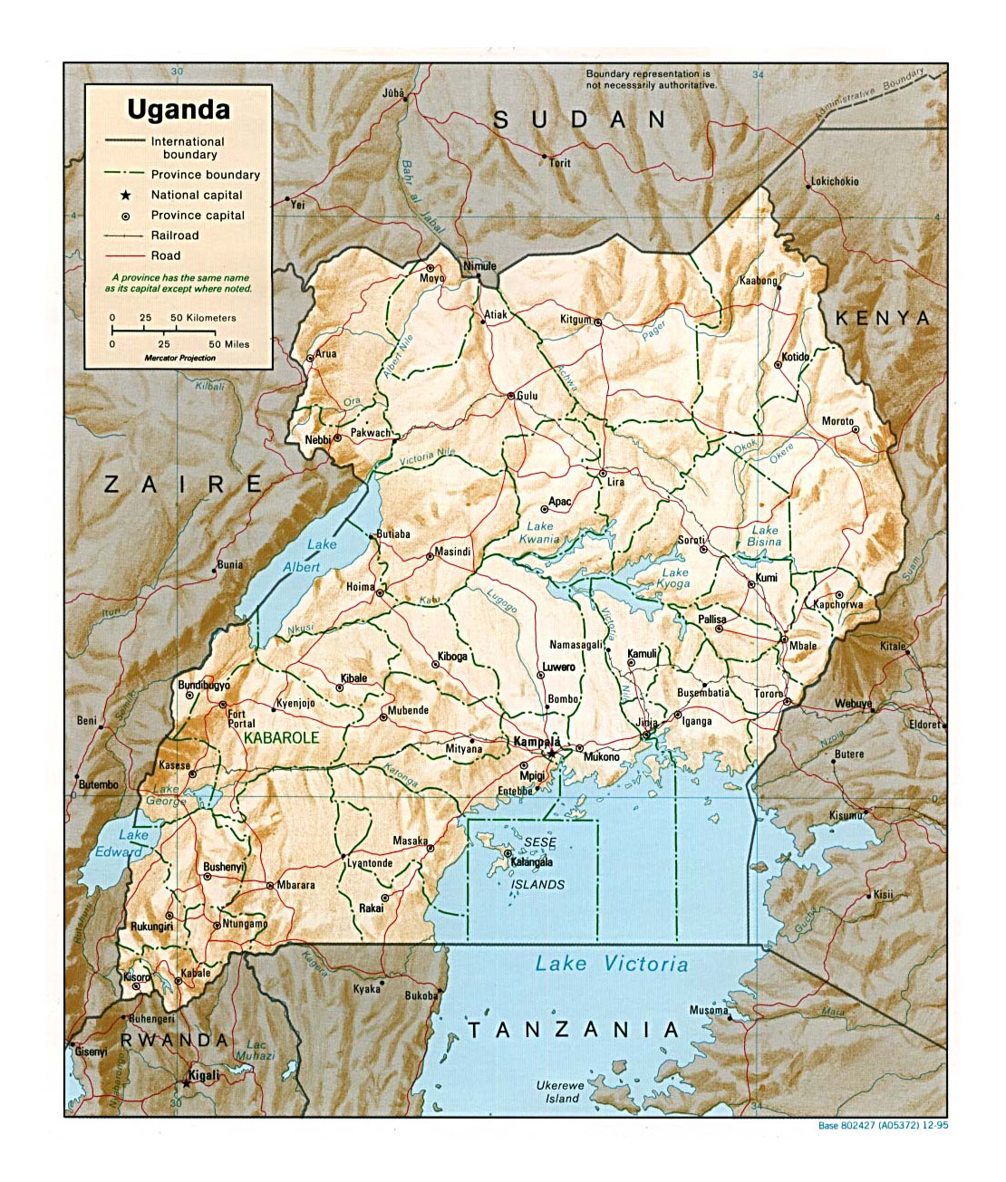 Detailed political and administrative map of Uganda with relief, roads ...