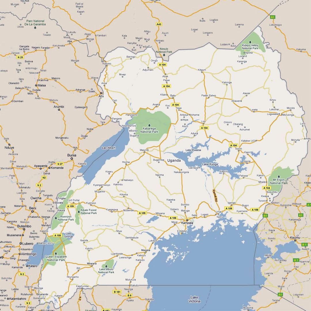 Detailed road map of Uganda with cities