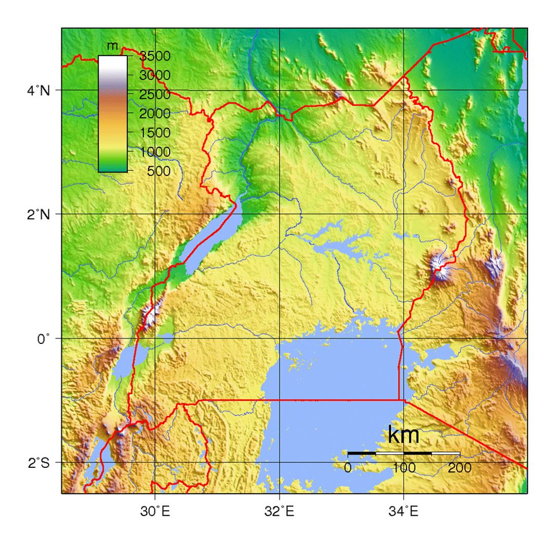 Detailed topographical map of Uganda