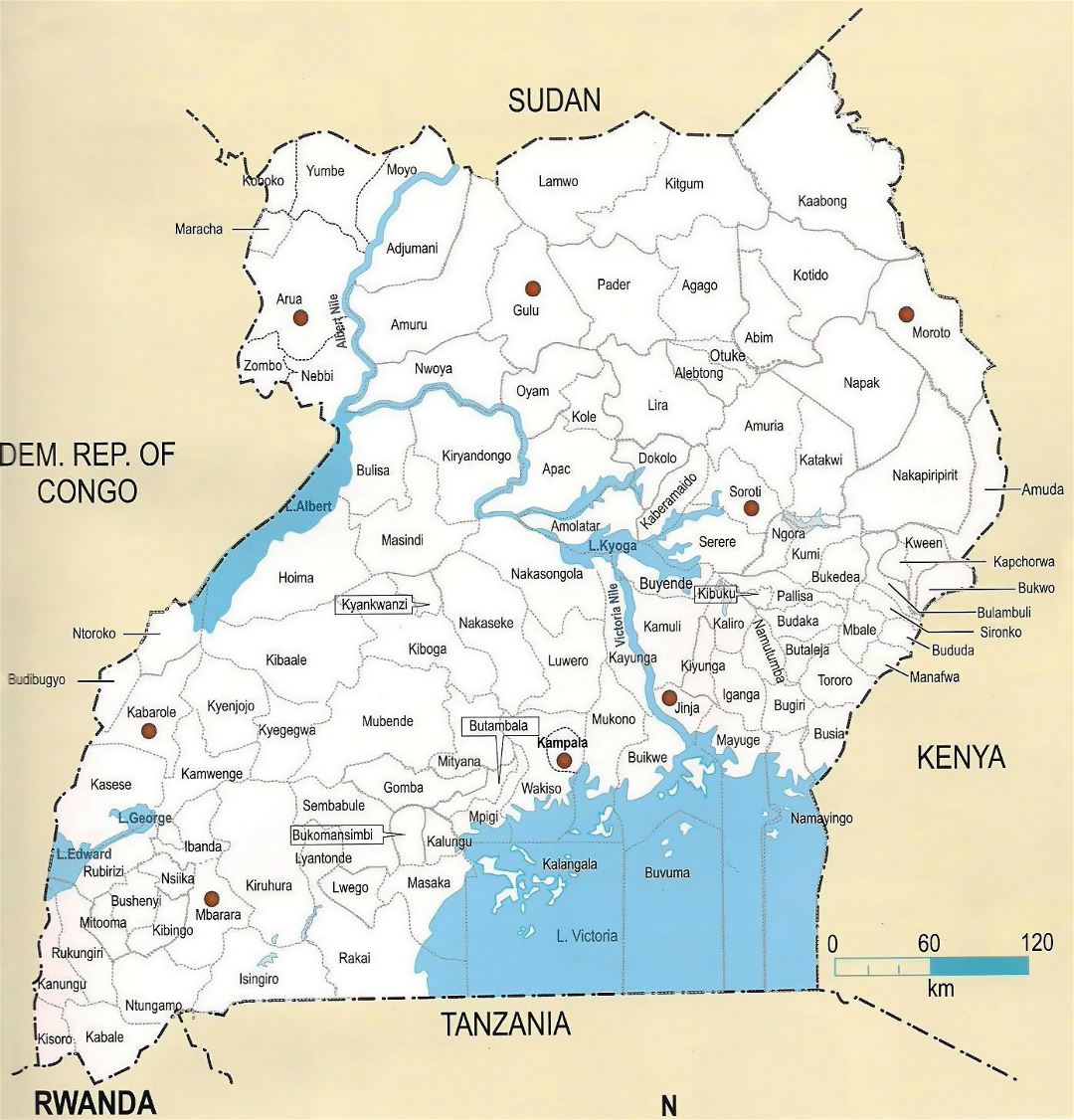 Large administrative map of Uganda