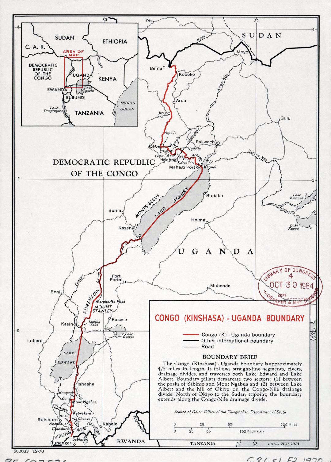 Large detailed Congo (Kinshasa) - Uganda boundary map - 1970