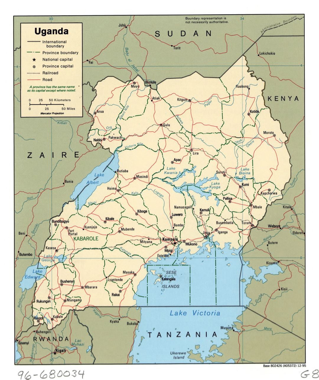Large detailed political and administrative map of Uganda with roads, railroads and major cities - 1995
