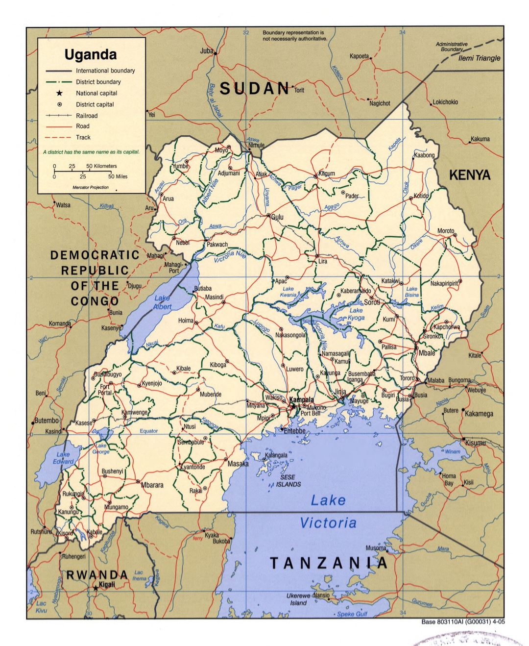 Large detailed political and administrative map of Uganda with roads, railroads and major cities - 2005