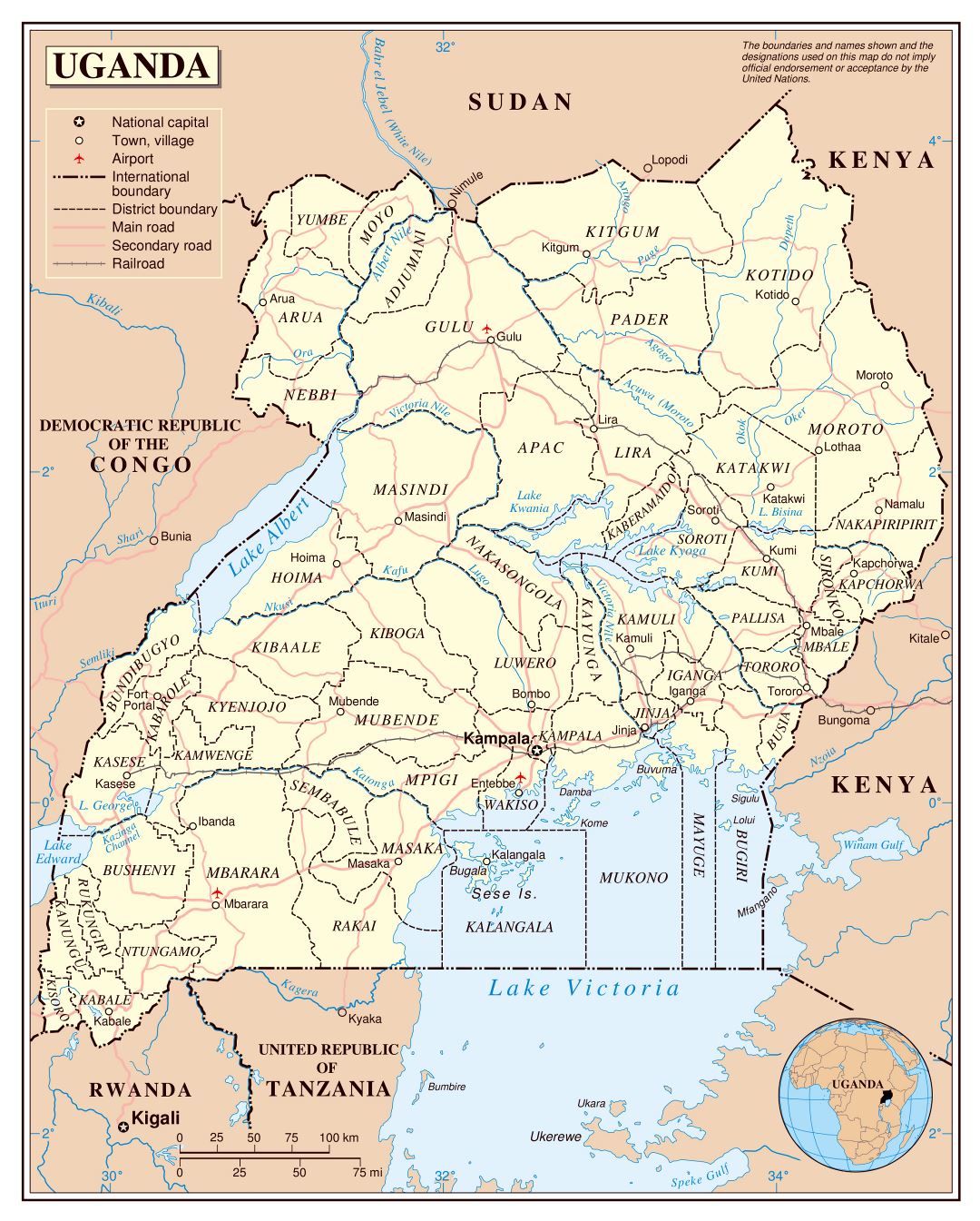 Large detailed political and administrative map of Uganda with roads, railroads, cities and airports