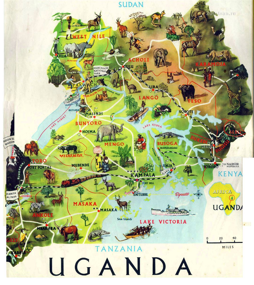 Large detailed tourist illustrated map of Uganda