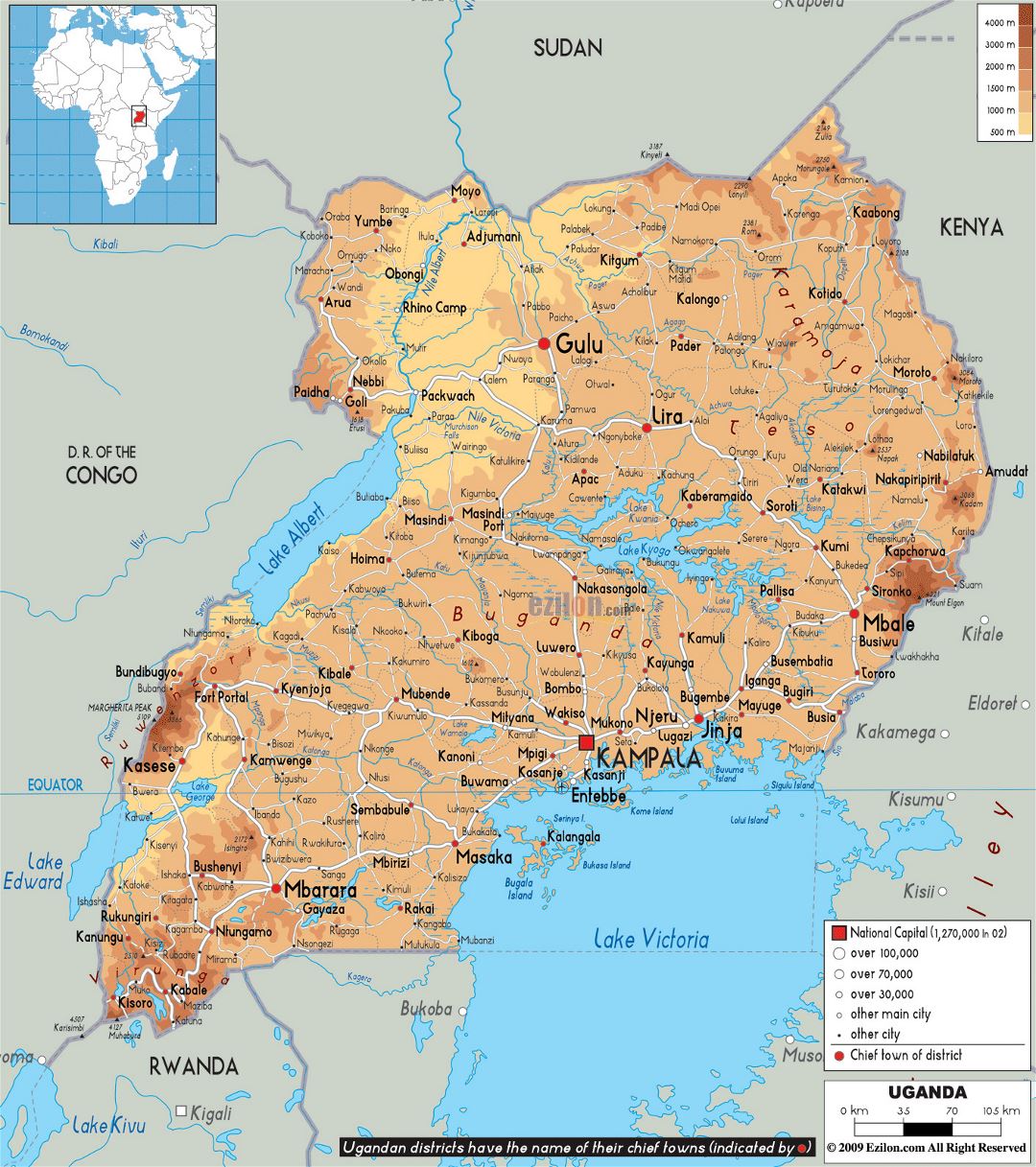 Large physical map of Uganda with roads, cities and airports