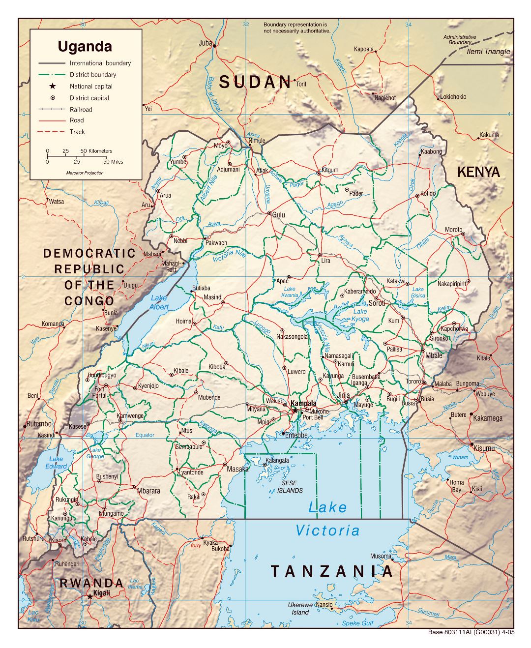 Large political and administrative map of Uganda with relief, roads, railroads and major cities - 2005