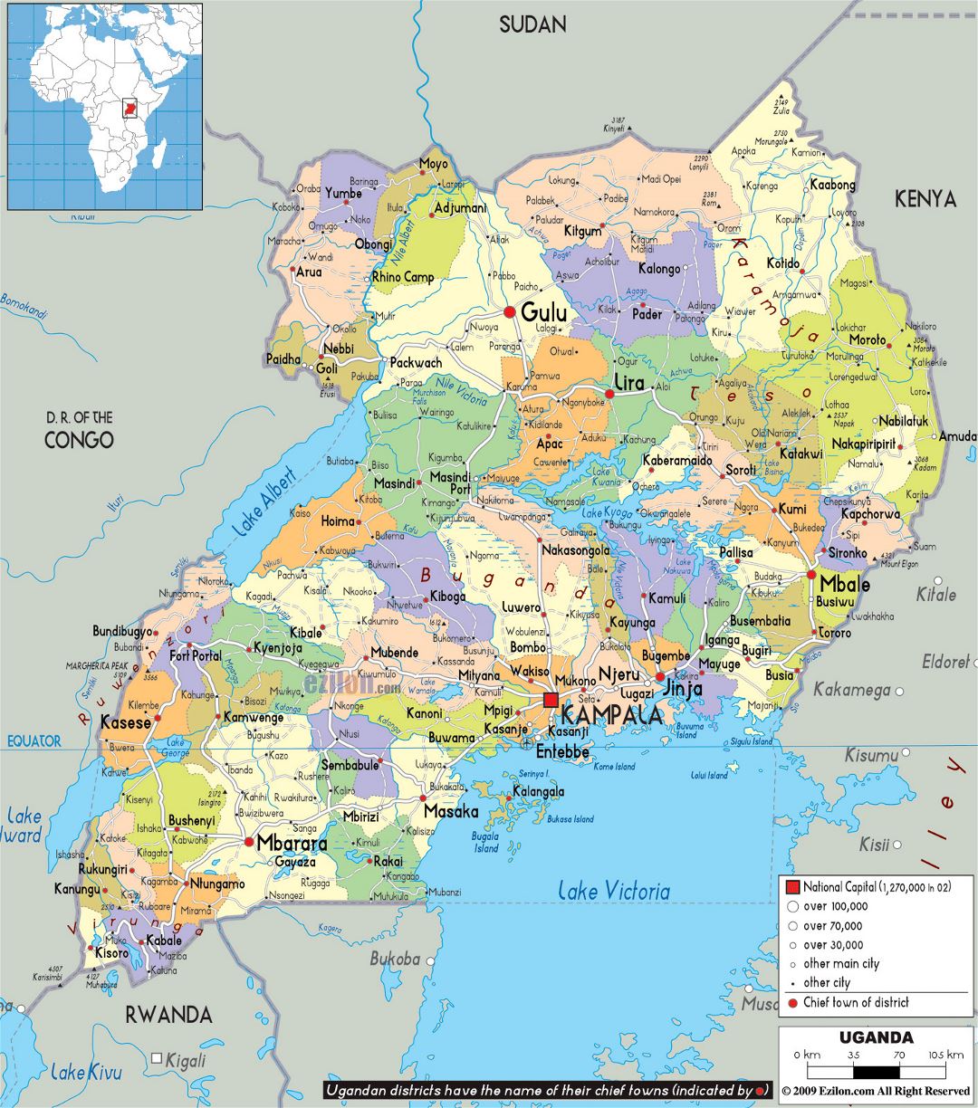 Large political and administrative map of Uganda with roads, cities and airports