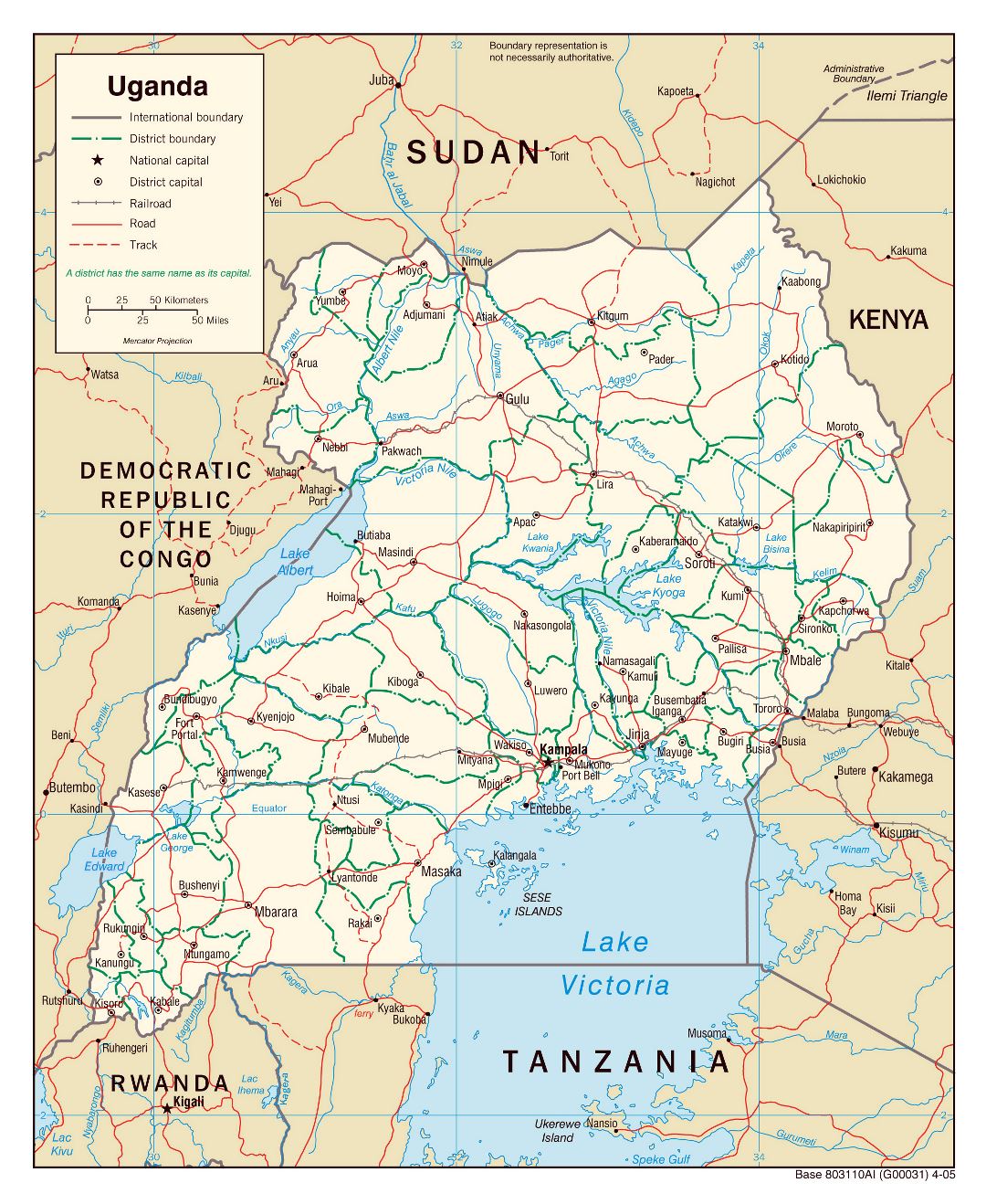 Large political and administrative map of Uganda with roads, railroads and major cities - 2005