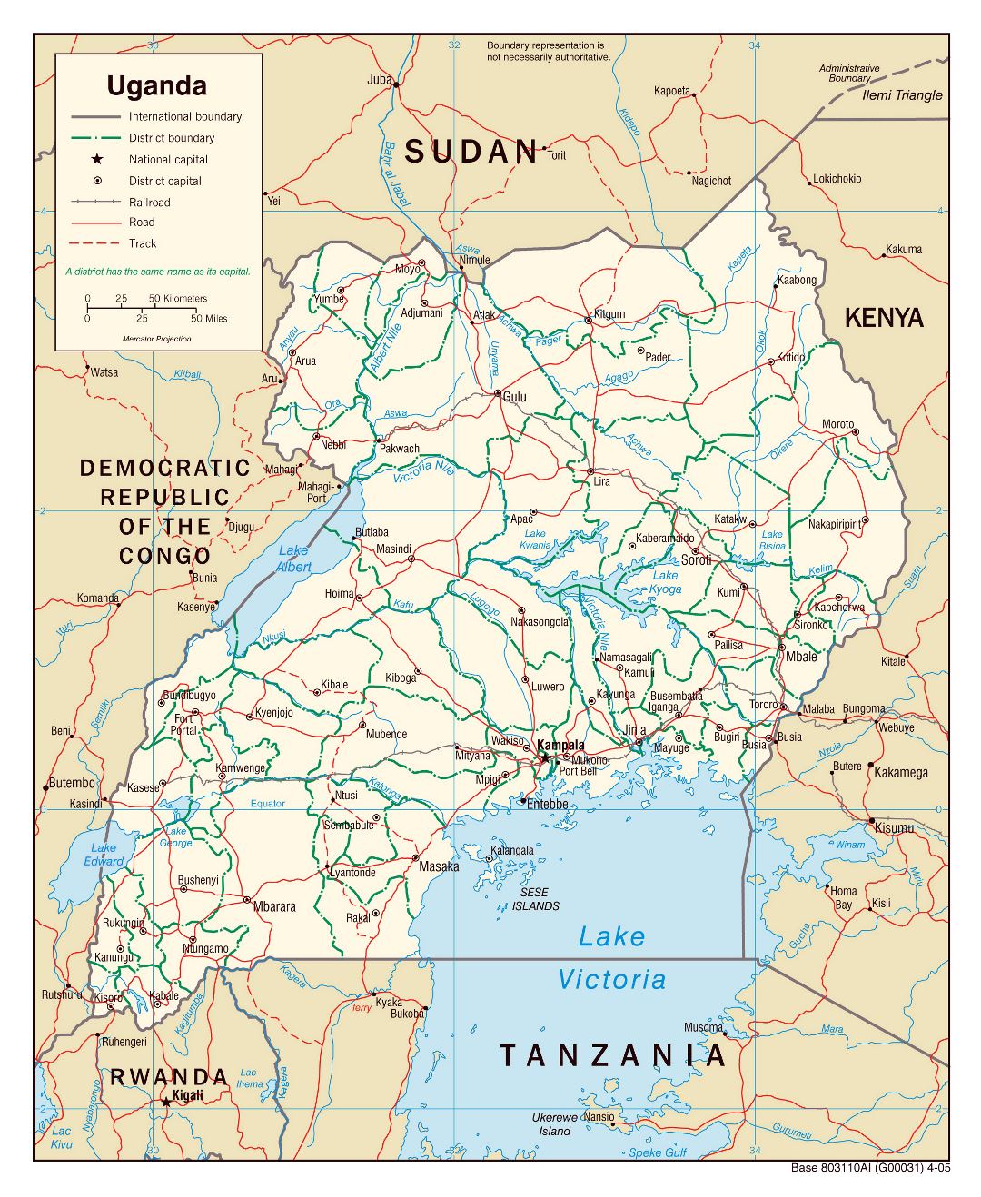 Large political and administrative map of Uganda with roads, railroads and major cities - 2005