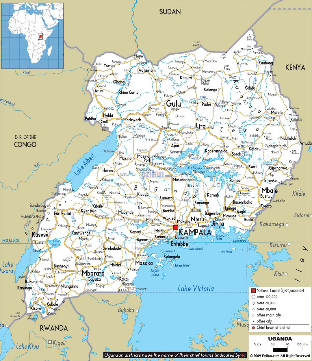 Large road map of Uganda with cities and airports