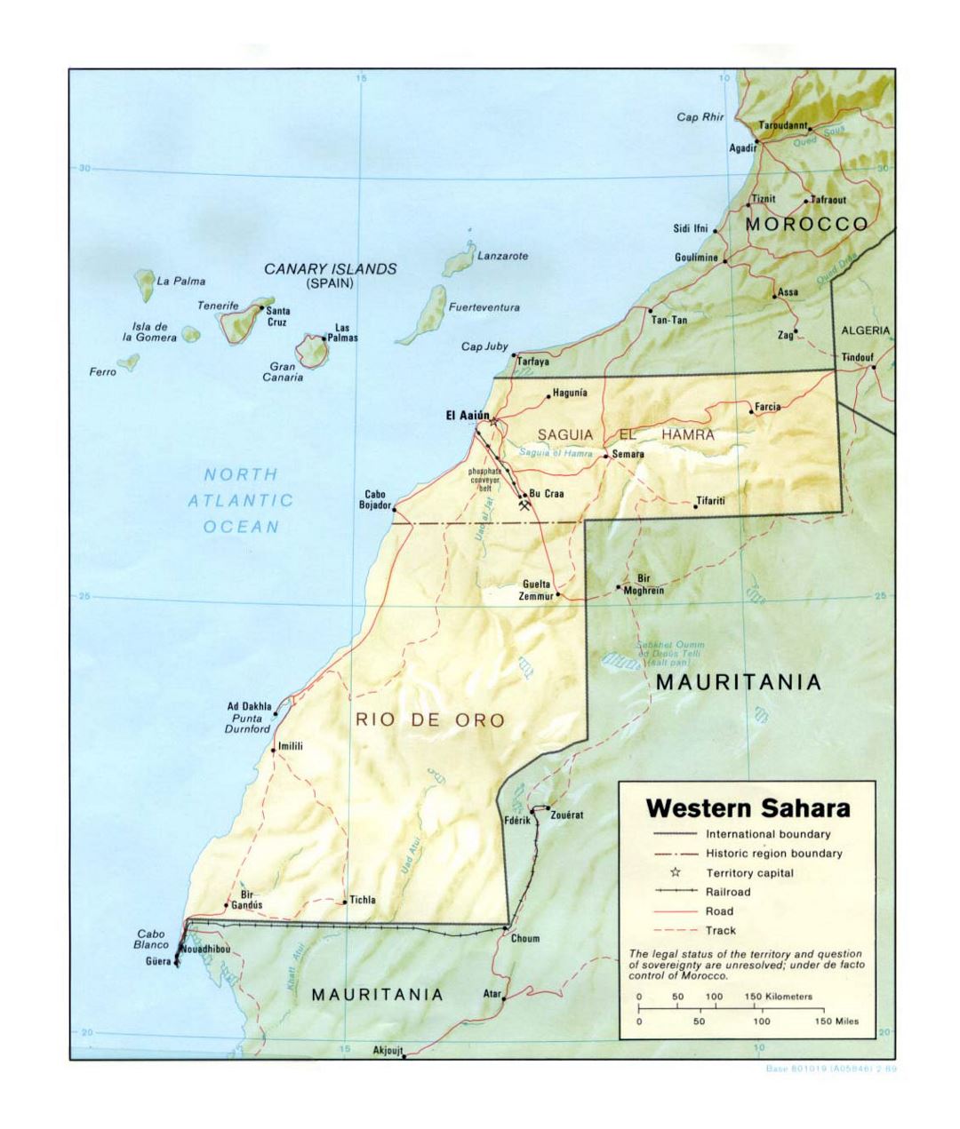 Detailed political map of Western Sahara with relief, roads, railroads and major cities - 1989