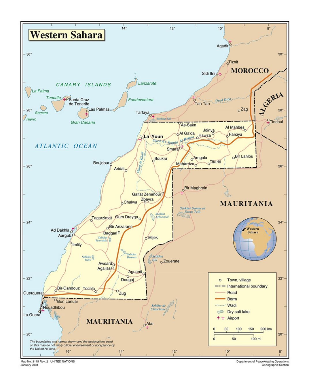 Detailed political map of Western Sahara with roads, cities, airports and other marks
