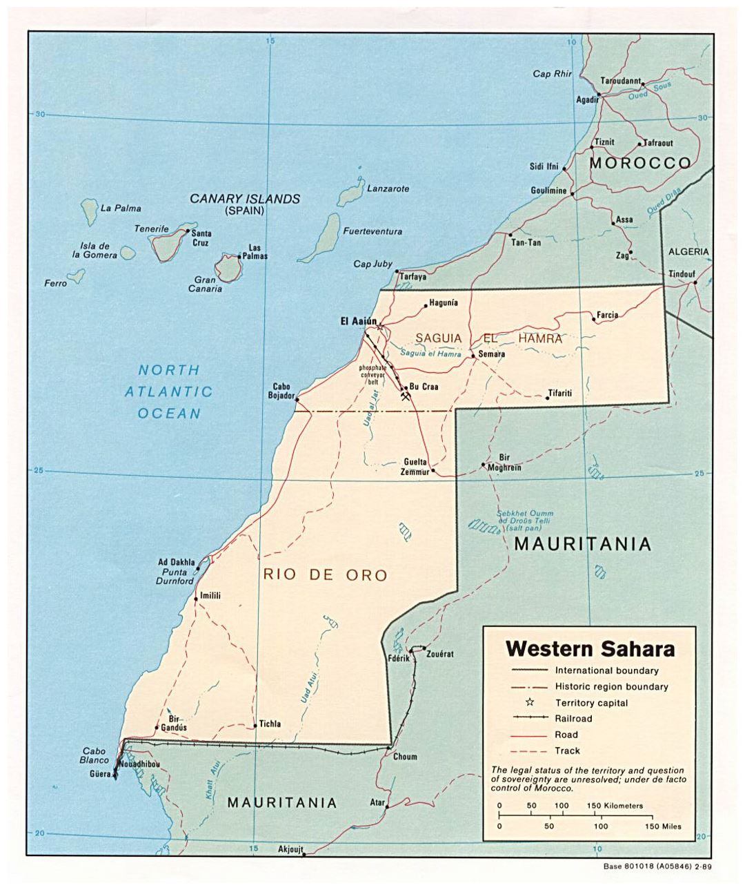 Detailed political map of Western Sahara with roads, railroads and major cities - 1989