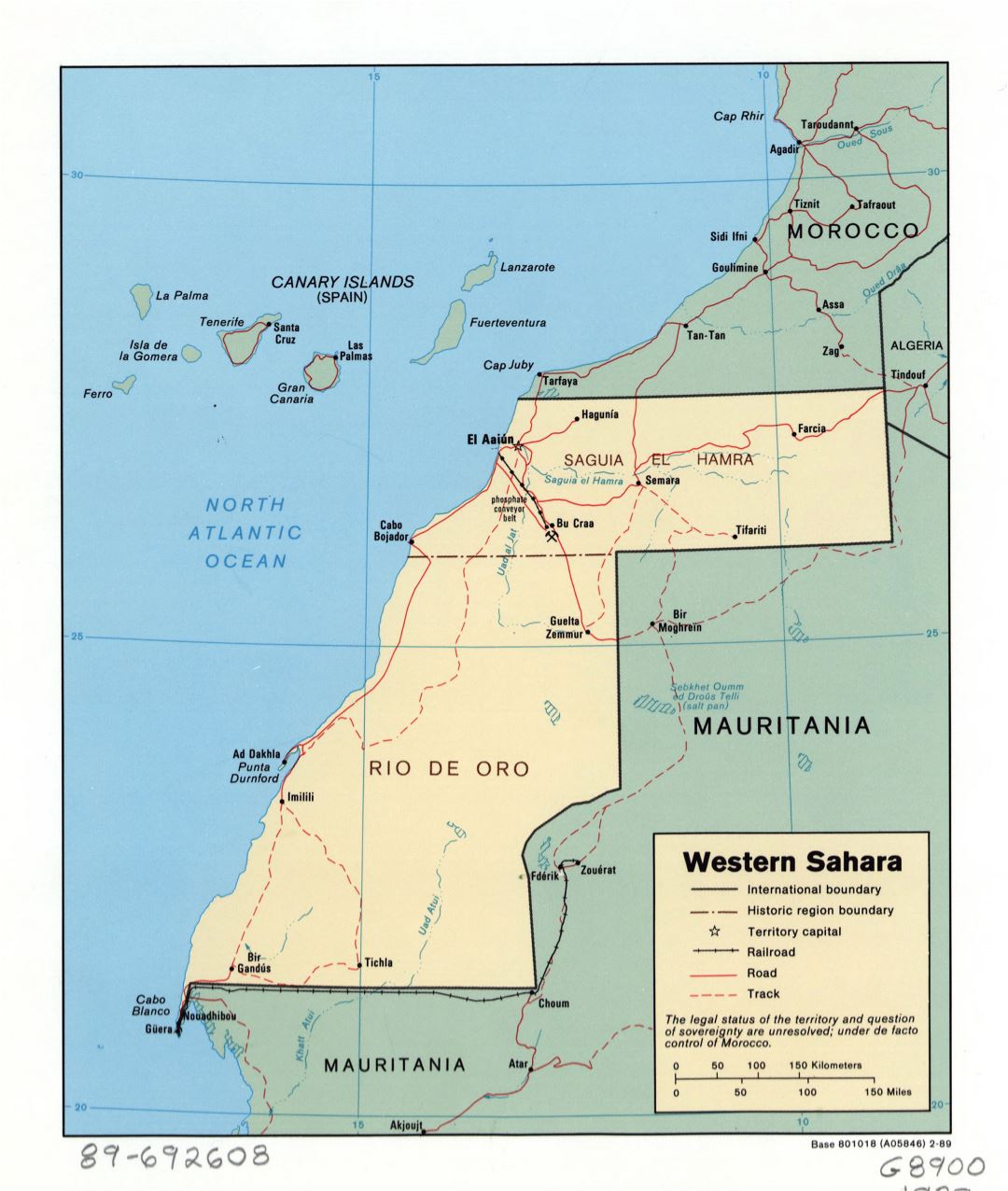 Large detailed political and administrative map of Western Sahara with roads, railroads and major cities - 1989