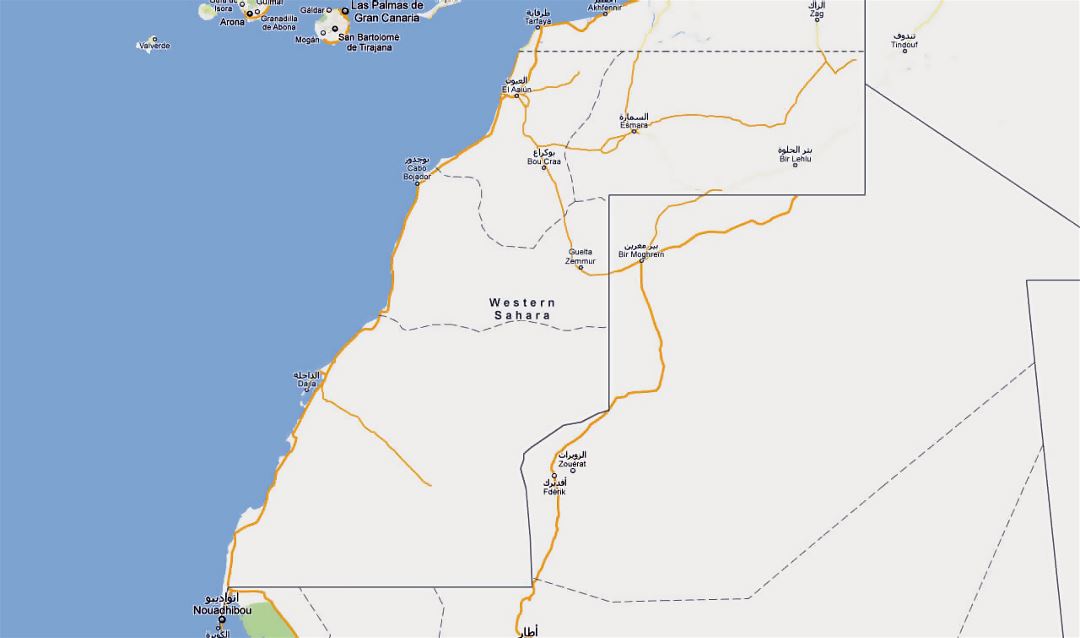 Large road map of Western Sahara with cities