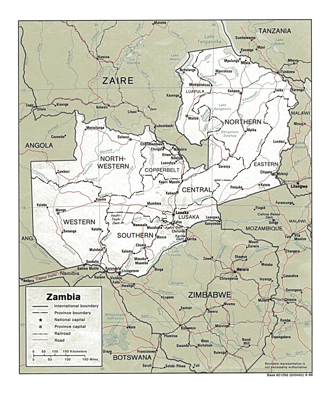 Detailed political and administrative map of Zambia with roads, railroads and major cities - 1988