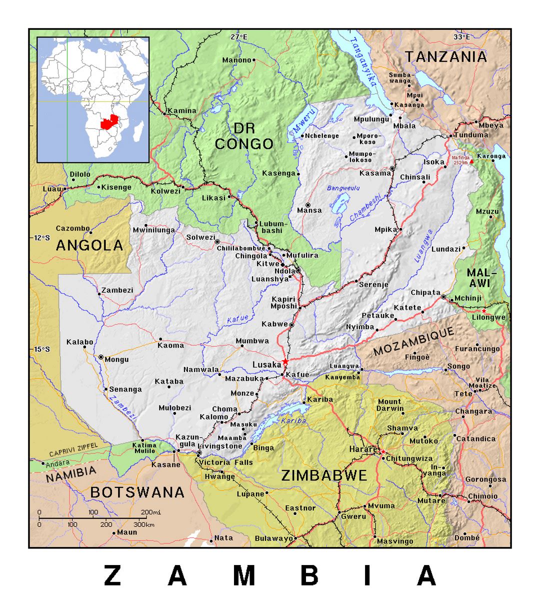 Detailed political map of Zambia with relief