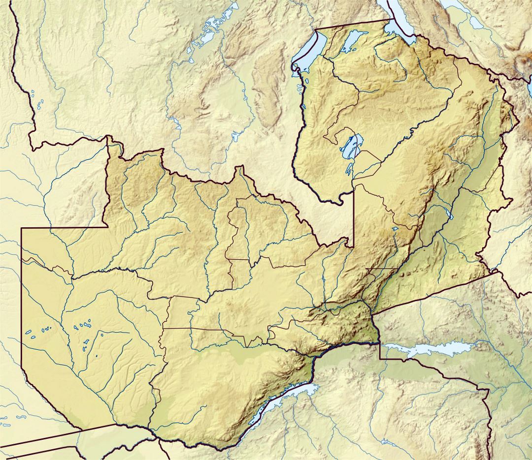 Detailed relief map of Zambia