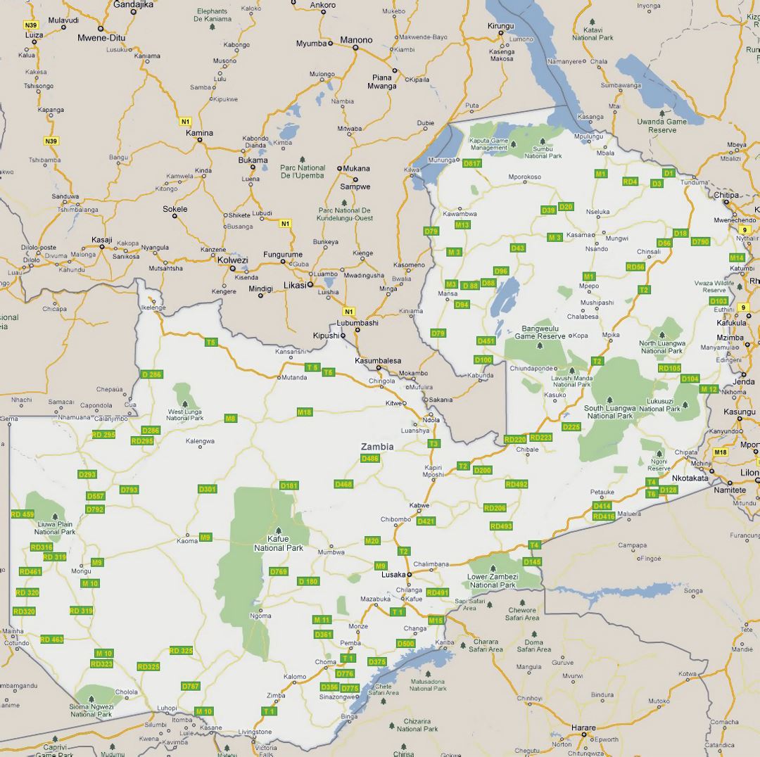 Detailed road map of Zambia with cities and national parks