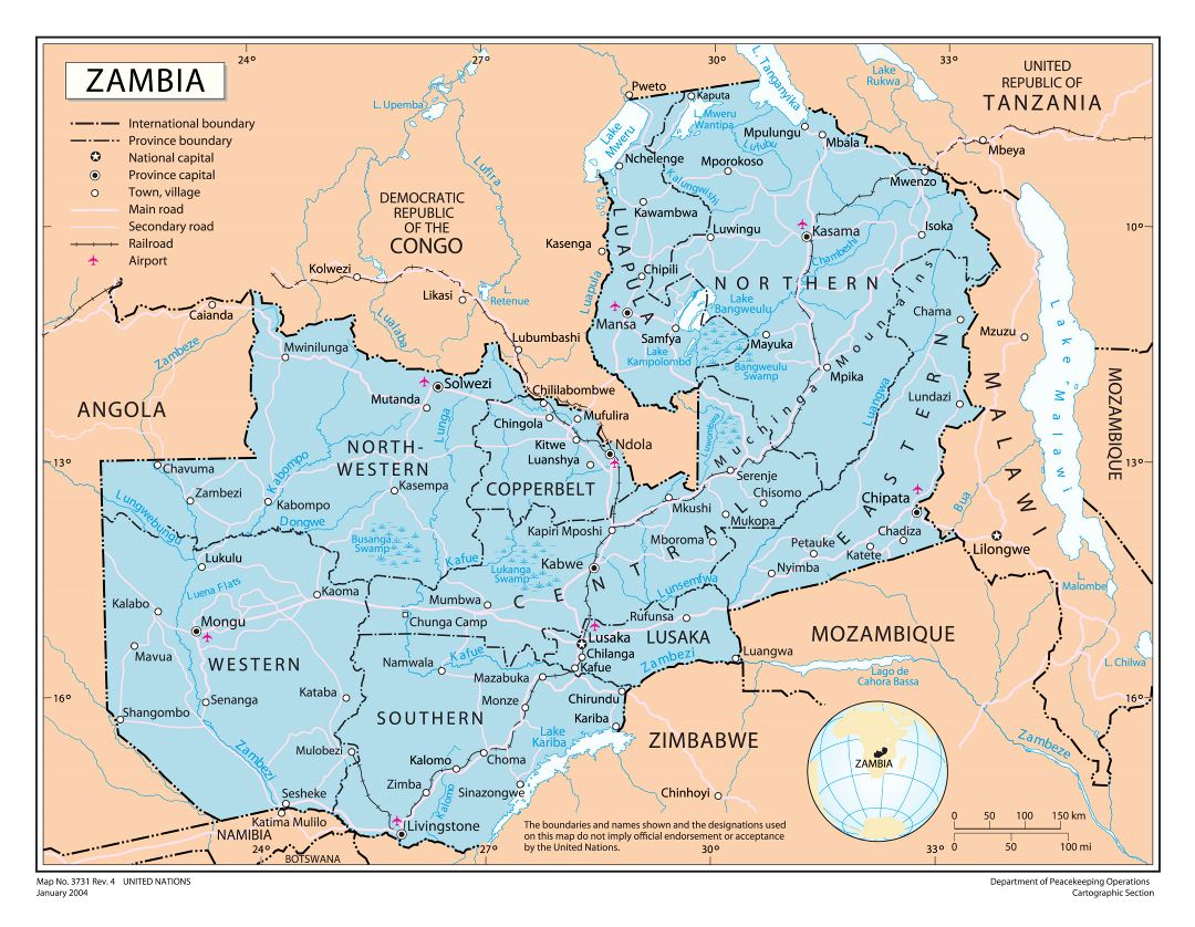 Large detailed political and administrative map of Zambia with roads, railroads, all cities and airports